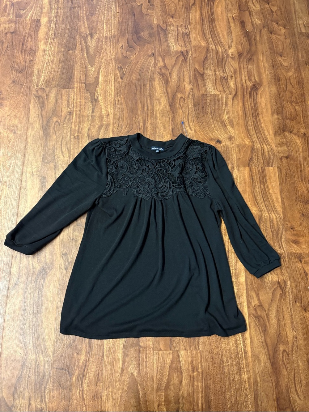 Olivia Blu Black 3/4 Sleeve Blouse with Floral Lace Yoke Y2K Romantic Size L